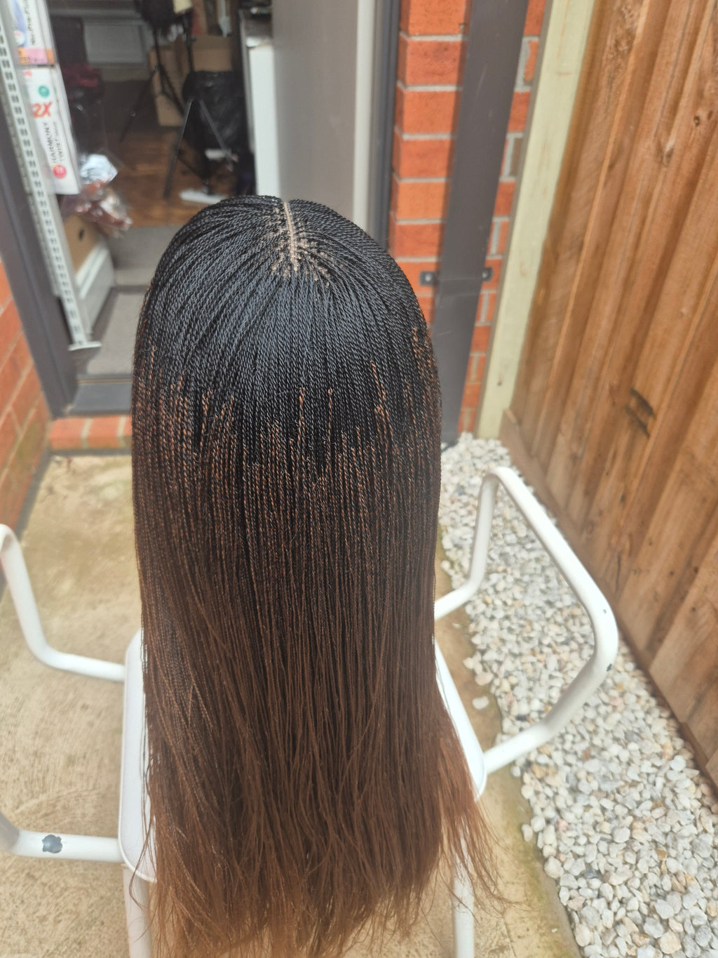 Black Gold Ombre Micro Twists Lace Front Wig – Medium Cap, Long Length, Synthetic Hair