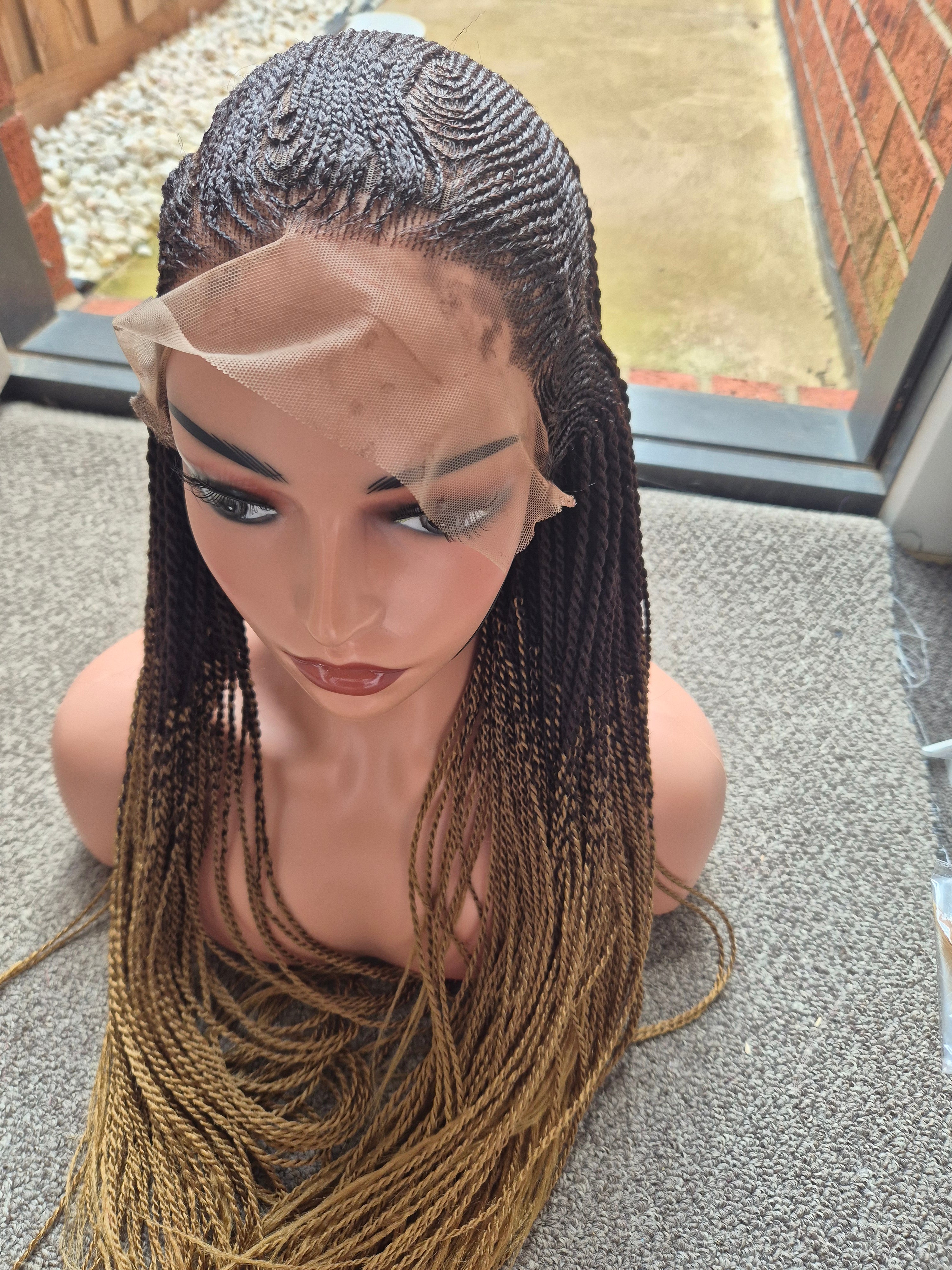 Dark Brown Gold Ombre Cornrow Braids Lace Front Wig – Medium Cap, Long Length, Synthetic Hair