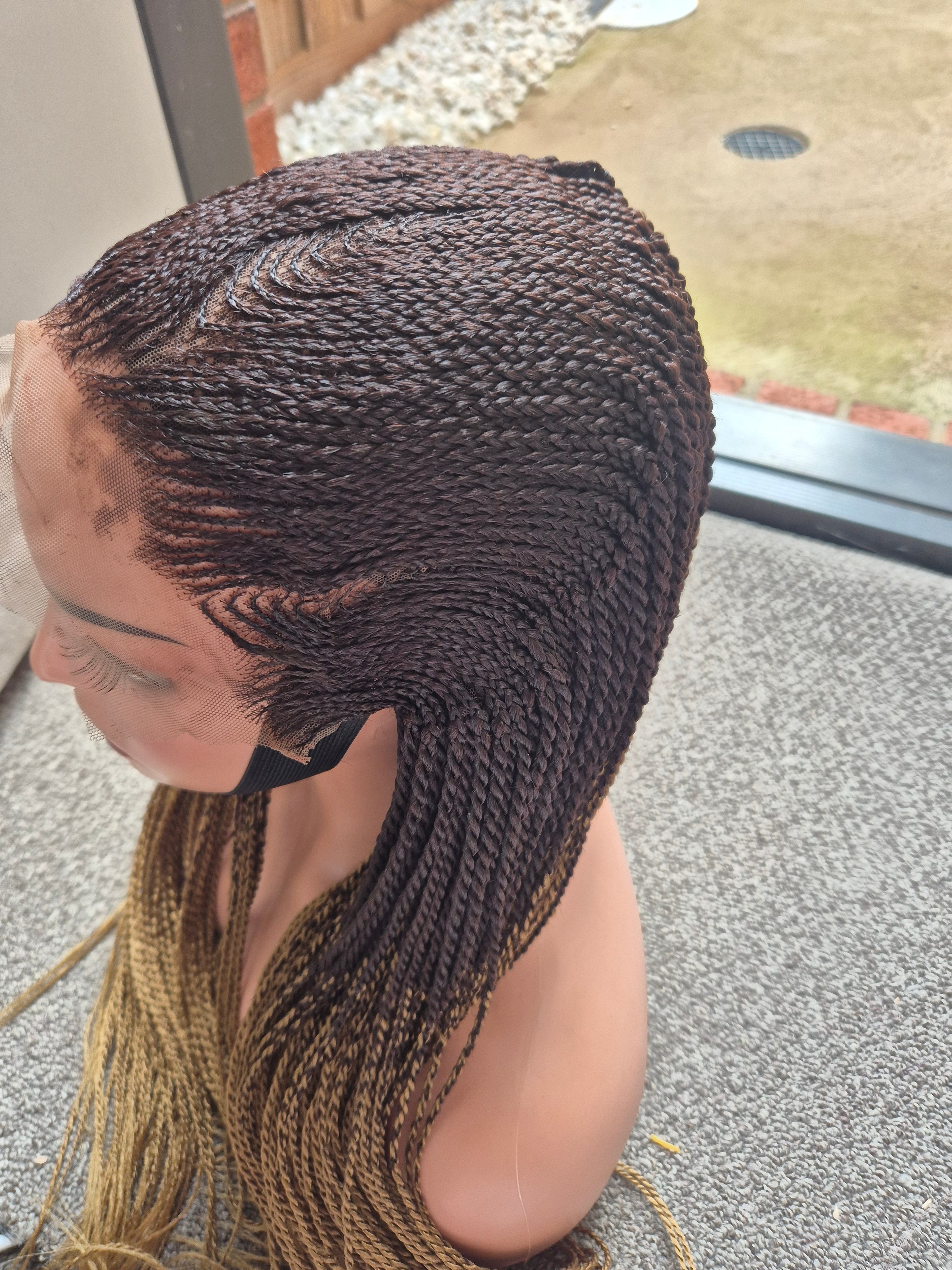 Dark Brown Gold Ombre Cornrow Braids Lace Front Wig – Medium Cap, Long Length, Synthetic Hair