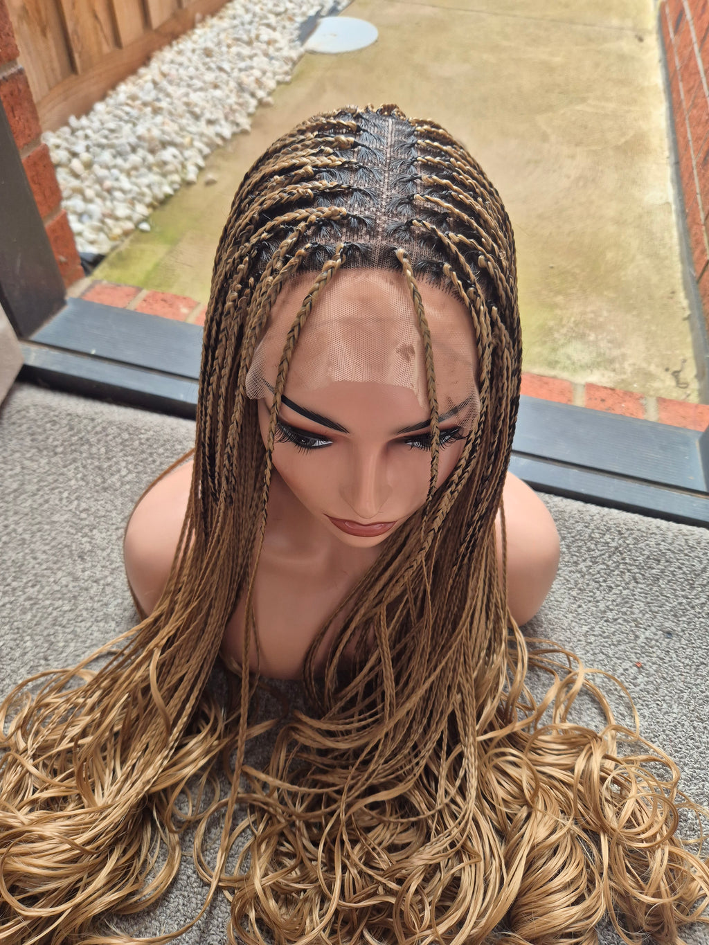 Brown Honey Blonde French Curl Braided Lace Wig
