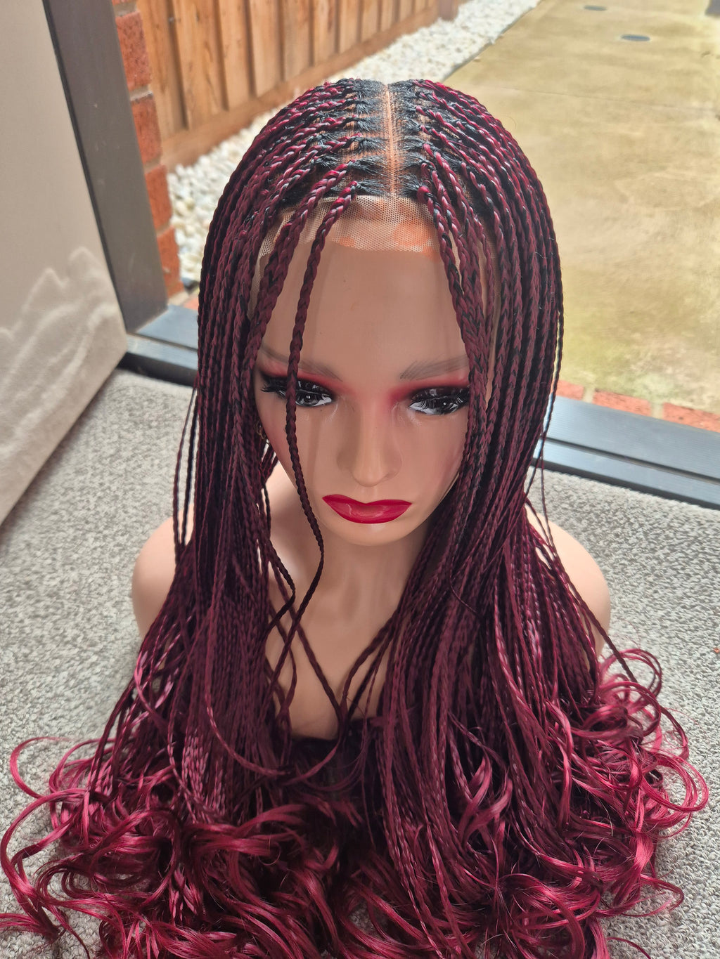 Burgundy French Curl Braided Lace Wig