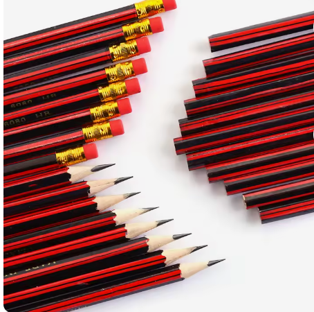 Classic HB Pencil Set – Red & Black Striped, Pre-Sharpened, Pink Eraser, Bulk Pack