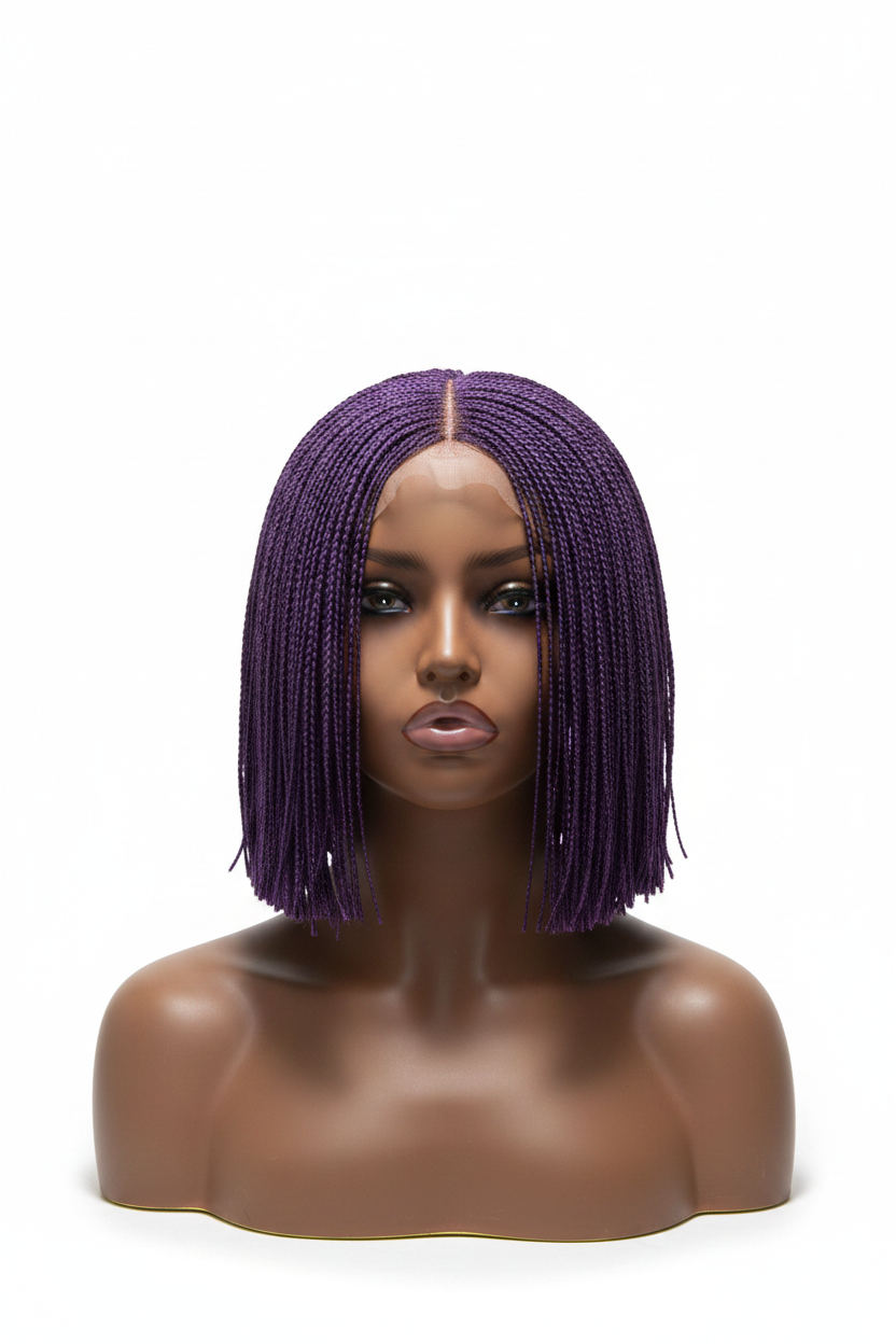 Purple micro twist bob lace front wig on white background