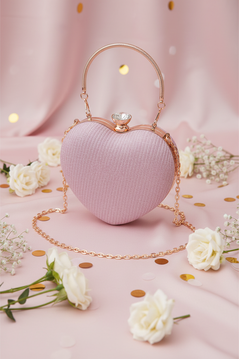 Heart Clutch Bag – Crystal Clasp, Chain Strap, 4 Colours – Evening & Wedding Bag