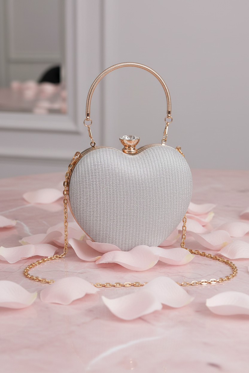 Heart Clutch Bag – Crystal Clasp, Chain Strap, 4 Colours – Evening & Wedding Bag