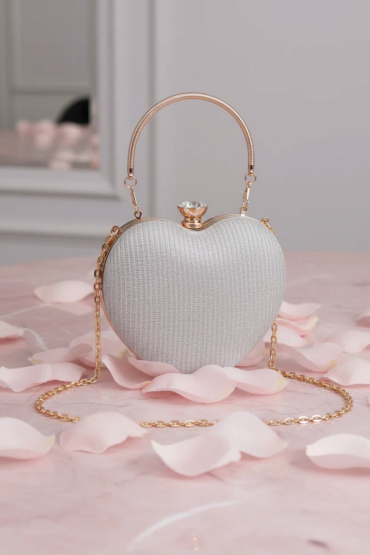 Heart Clutch Bag – Crystal Clasp, Chain Strap, 4 Colours – Evening & Wedding Bag